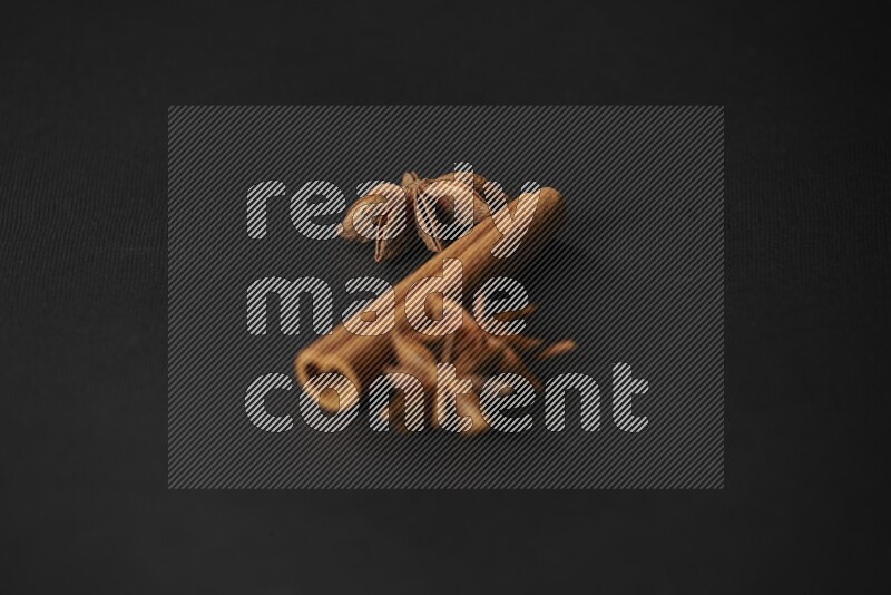 Star Anise herb and a cinnamon stick on a black background