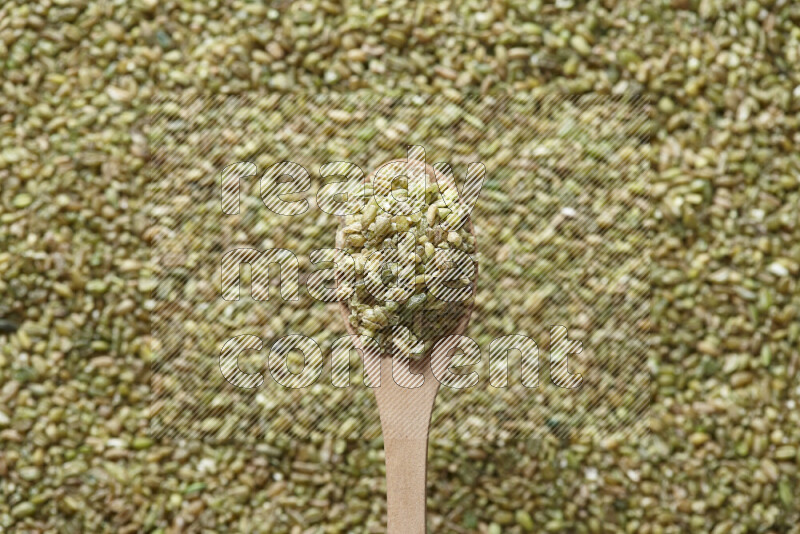 A wooden spoon full of freekeh on freekeh background