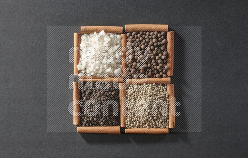 4 مربعات من عيدان القرفة ممتلئة بحبوب الفلفل الأسود والفلفل الأبيض وبهار الفلفل الحلو والملح الأبيض على أرضية سوداء