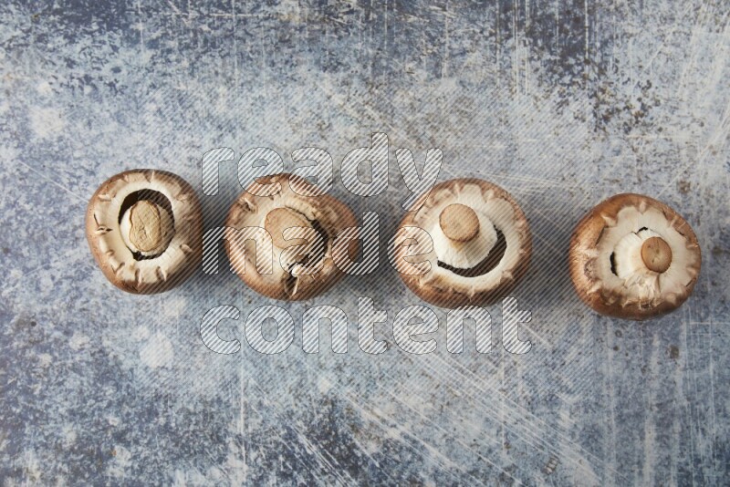 small fresh Cremini wood mushrooms topview on blue textured background