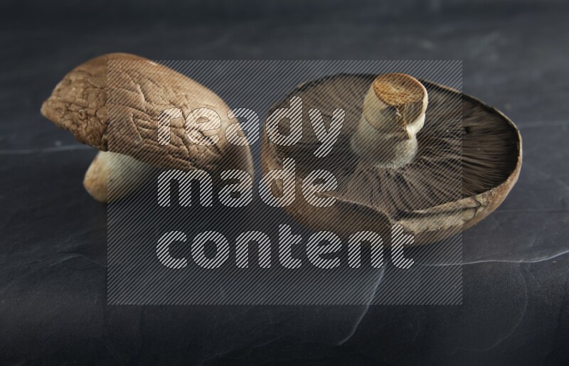 45 degre portobello mushrooms on a textured black slate background