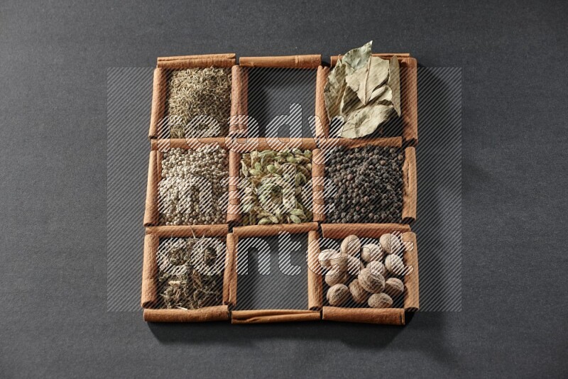9 squares of cinnamon sticks full of cardamom in the middle surrounded by nutmeg, black pepper, bay laurel leaves, allspice, cumin, white pepper, dried basil and salt on black flooring
