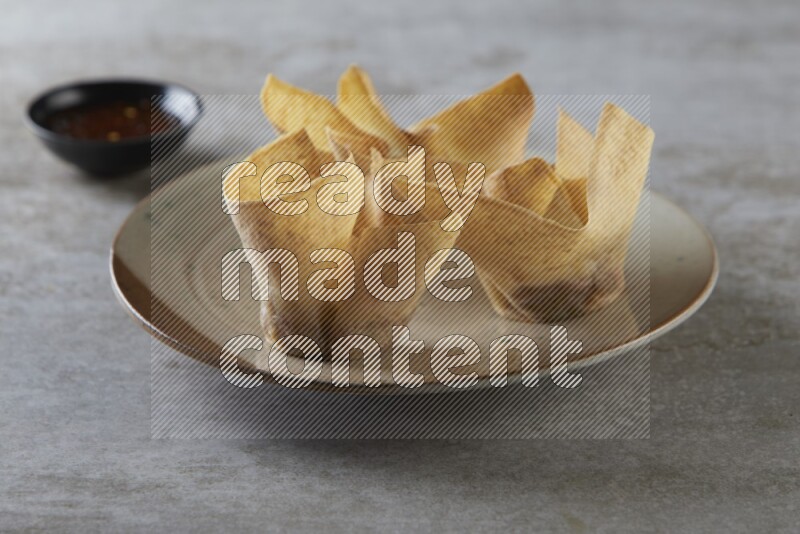 wonton cups with soy sauce ramkin on multi colored pottery on grey textured counter top