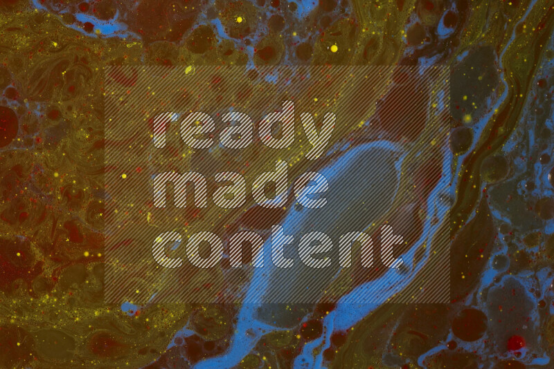 The image depicts a marbling effect with swirling patterns of red, blue and yellow