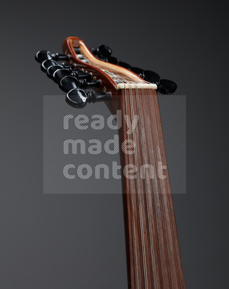parts of a brown wooden Oud in a gray background