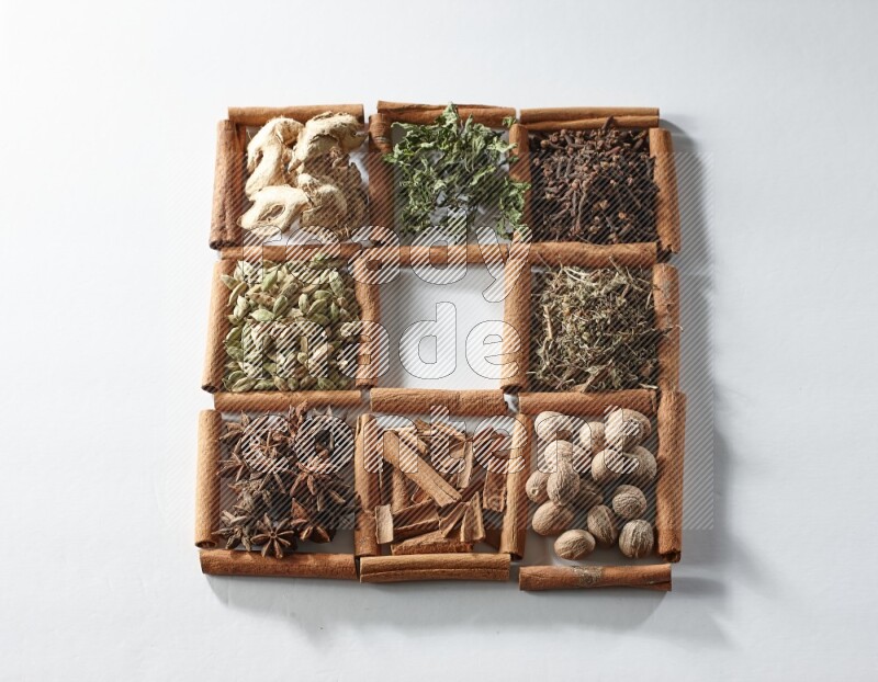 9 squares of cinnamon sticks, the middle square is empty and surrounded with dried mint, dried ginger, cardamom, star anise, cinnamon, nutmeg, dried basil and cloves on white flooring