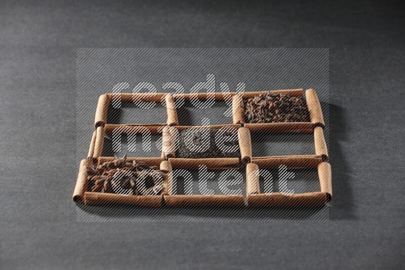 9 squares of cinnamon sticks full of tea in the middle surrounded by nutmeg, dried mint, cloves, dried basil, dried ginger, cinnamon, star anise and cardamom on black flooring