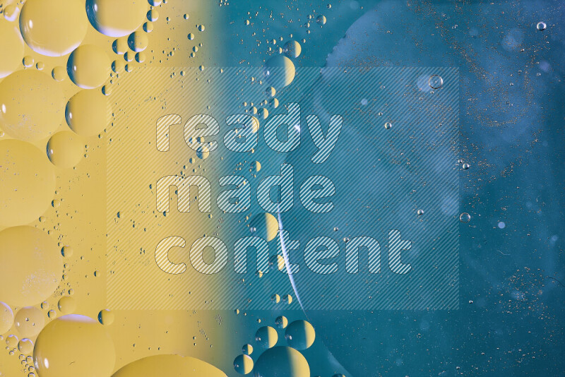 Close-ups of abstract oil bubbles on water surface in shades of blue and yellow