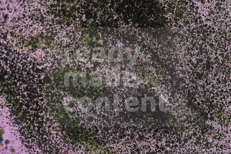 لقطات مقربة لقطرات ألوان مائية خضراء على سطح الزيت على خلفية وردية