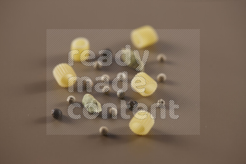 Raw pasta with different ingredients such as cherry tomatoes, garlic, onions, red chilis, black pepper, white pepper, bay laurel leaves, rosemary and cardamom on beige background