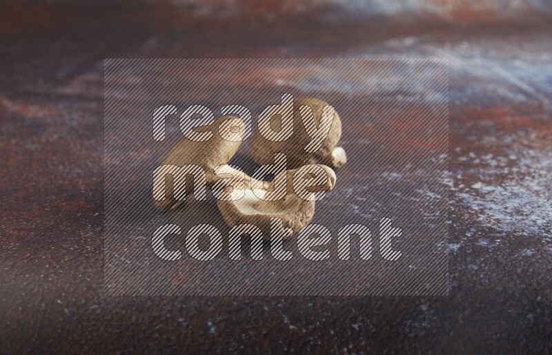 45 degre shiitake mushrooms on a textured reddish rustic metal background