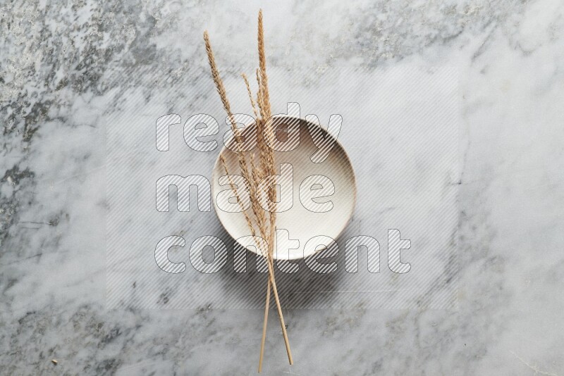 Wheat stalks on beige pottery plate on grey marble background