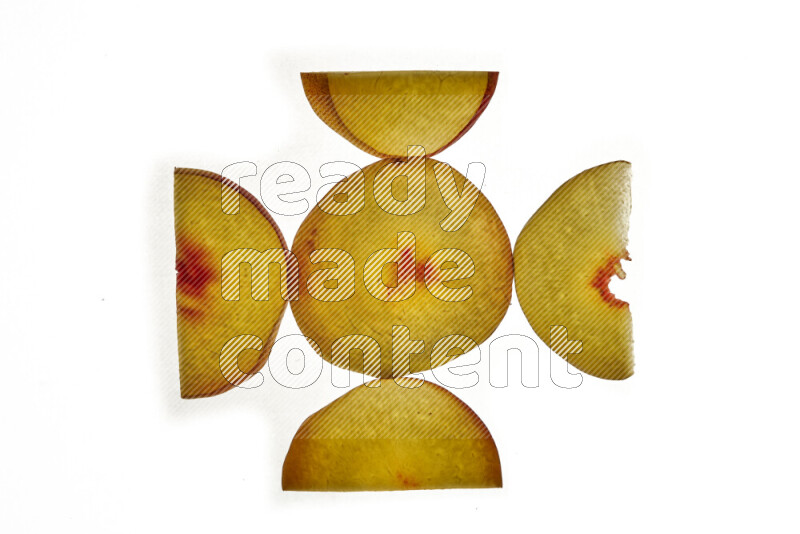 Peach slices on illuminated white background