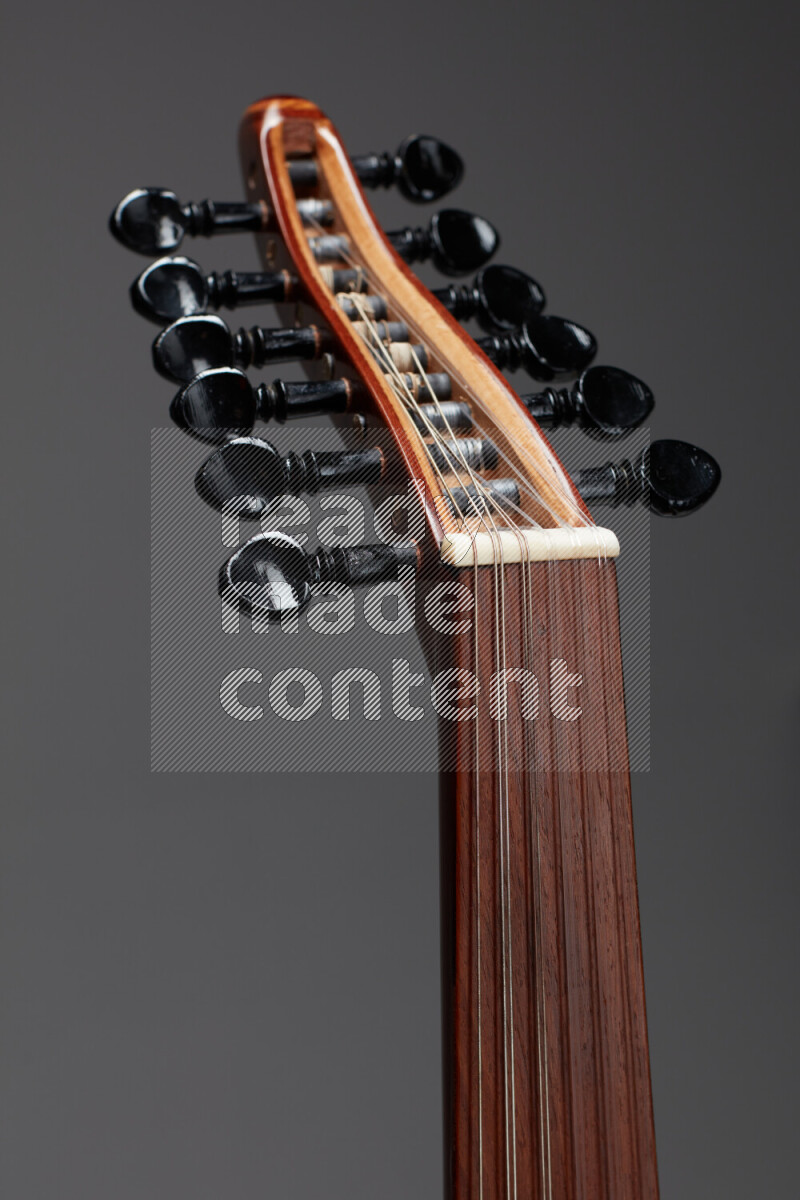 parts of a brown wooden Oud in a gray background