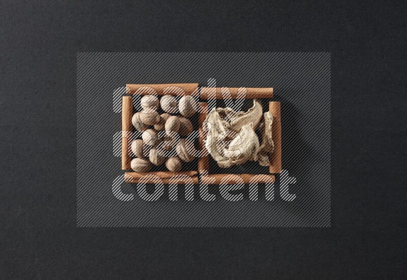 مربعان من أعواد القرفة ممتلئان بجوزة الطيب والزنجبيل المجفف علي خلفية سوداء