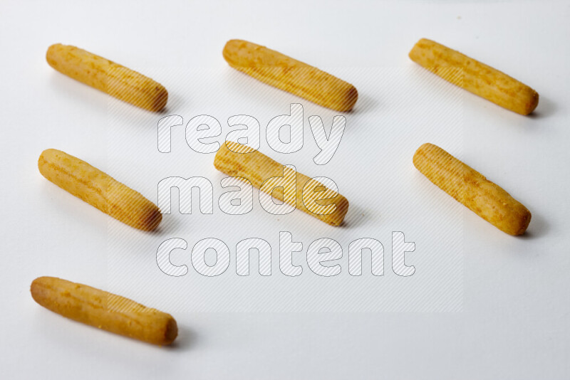 Assorted snacks on white background