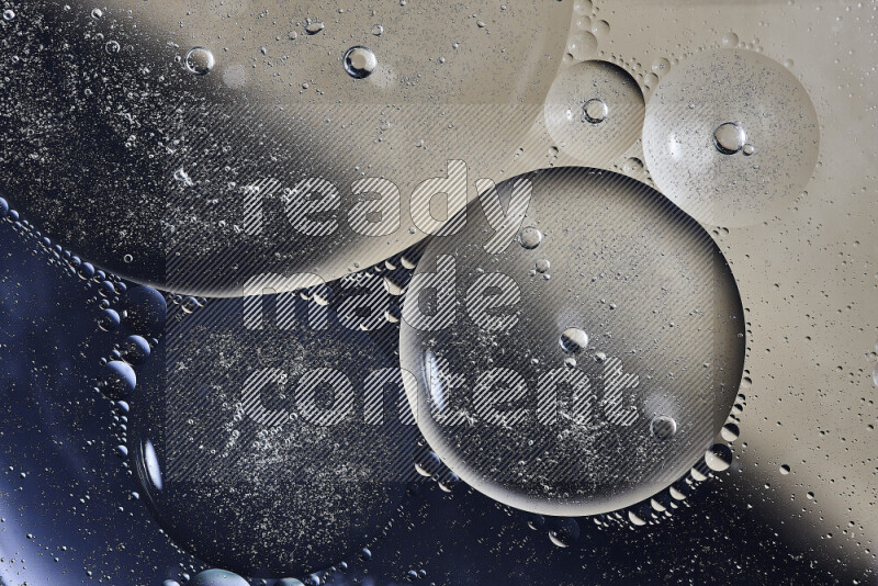 Close-ups of abstract oil bubbles on water surface in shades of black and beige
