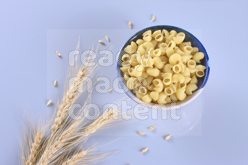 Raw pasta with wheat stalks on light blue background