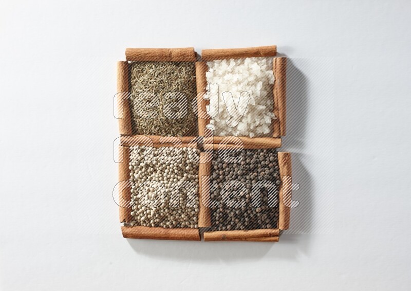 4 squares of cinnamon sticks full of cumin, salt, white pepper and black pepper on white flooring