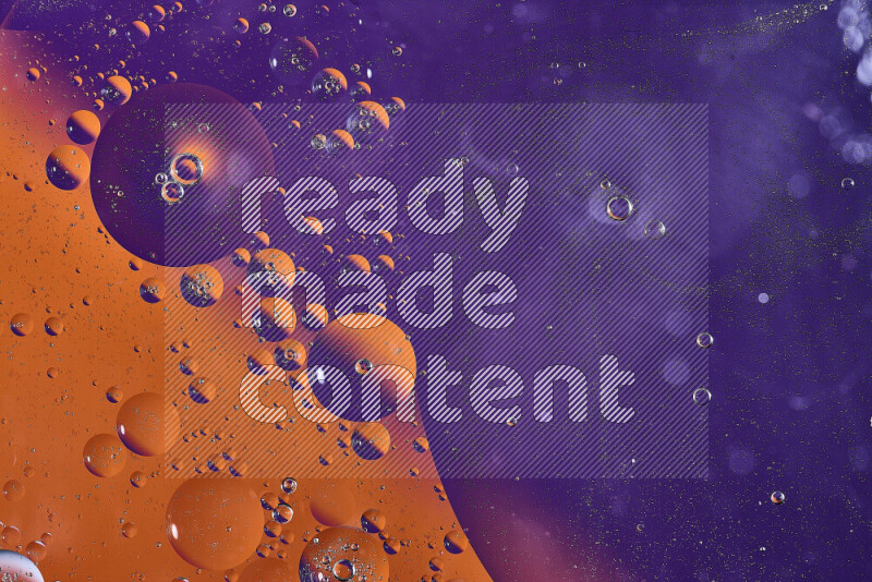 Close-ups of abstract oil bubbles on water surface in shades of orange and purple