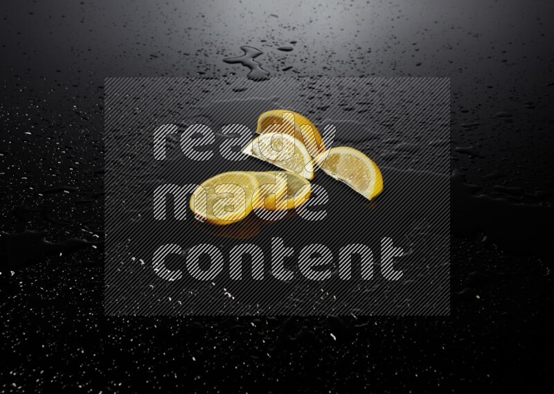 Lemon slices with water drops, and droplets on black background