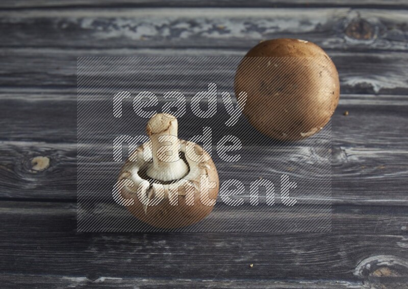 45 degree Cremini  mushrooms on a textured grey background