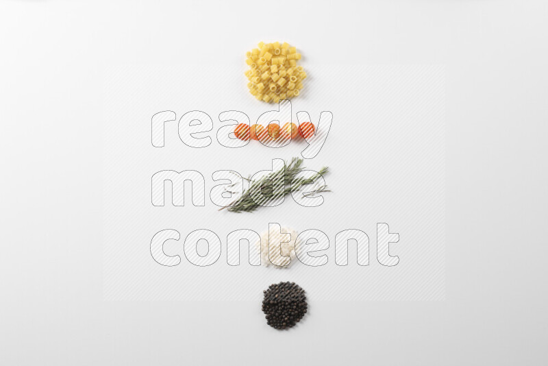 Red sauce pasta recipes ingredients on white background