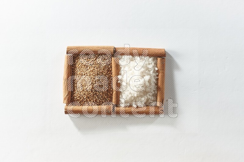 2 squares of cinnamon sticks full of mustard seeds and white salt on white flooring