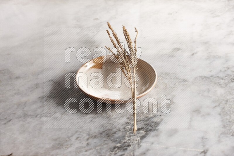 Wheat stalks on multicolored pottery plate on grey marble background