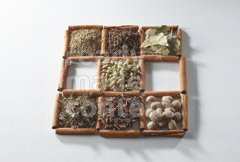 9 مربعات من أعواد القرفة ممتلئة بالهيل في المنتصف محاطة بجوزة الطيب والقرفة وأوراق الغار والقرنفل والكمون والريحان المجفف والزنجبيل المجفف واليانسون النجمي على أرضية بيضاء