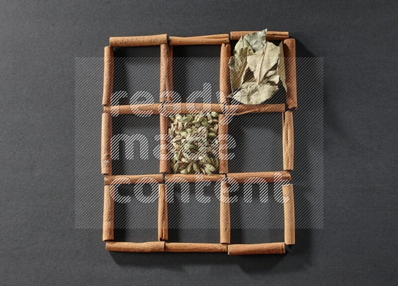 9 squares of cinnamon sticks full of cardamom in the middle surrounded by nutmeg, cinnamon, bay laurel leaves, cloves, cumin, dried ginger, dried basil and star anise on black flooring