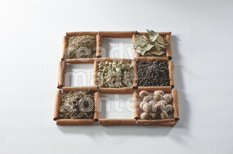9 squares of cinnamon sticks full of cardamom in the middle surrounded by nutmeg, salt, dried basil, white pepper, cumin, allspice, bay laurel leaves and black pepper on white flooring