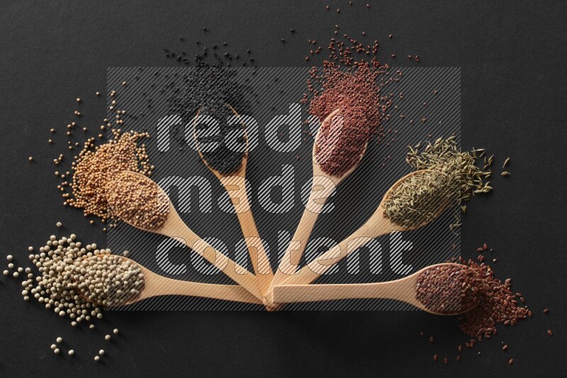 wooden spoons filled with white peppers, mustard seeds, black seeds, garden cress, cumin and flax on black flooring
