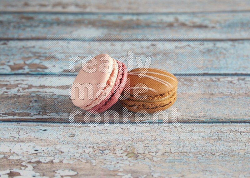 45º Shot of of two assorted Brown Irish Cream, and Pink Litchi Raspberry macarons on light blue background