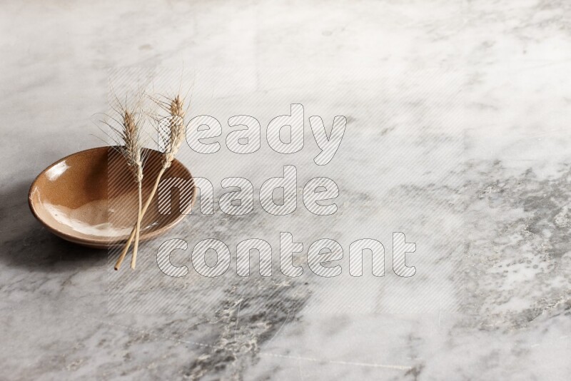 Wheat stalks on multicolored pottery plate on grey marble background