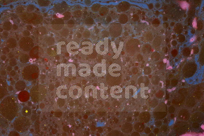 The image depicts a marbling effect with swirling patterns of pink, blue and brown