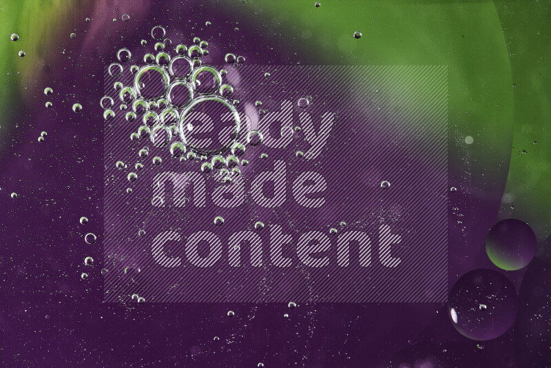 Close-ups of abstract oil bubbles on water surface in shades of green and purple