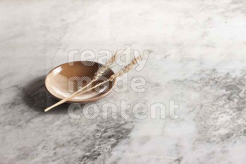 Wheat stalks on multicolored pottery plate on grey marble background