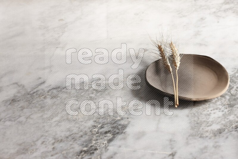 Wheat stalks on multicolored pottery plate on grey marble background