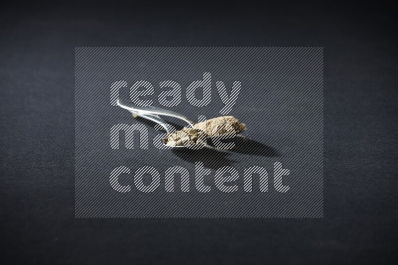 ملعقتان معدنيتان ممتلئتان ببودرة الهيل وحبوب الهيل على خلفية سوداء