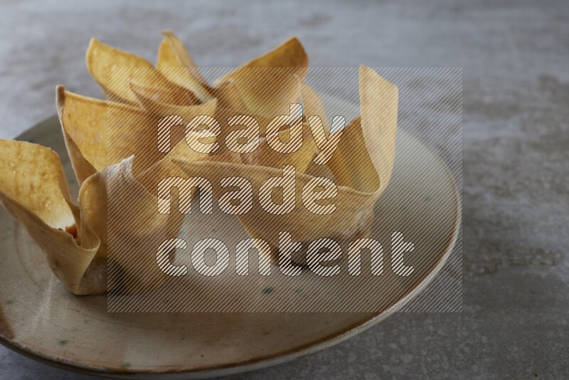 wonton cups with soy sauce ramkin on multi colored pottery on grey textured counter top
