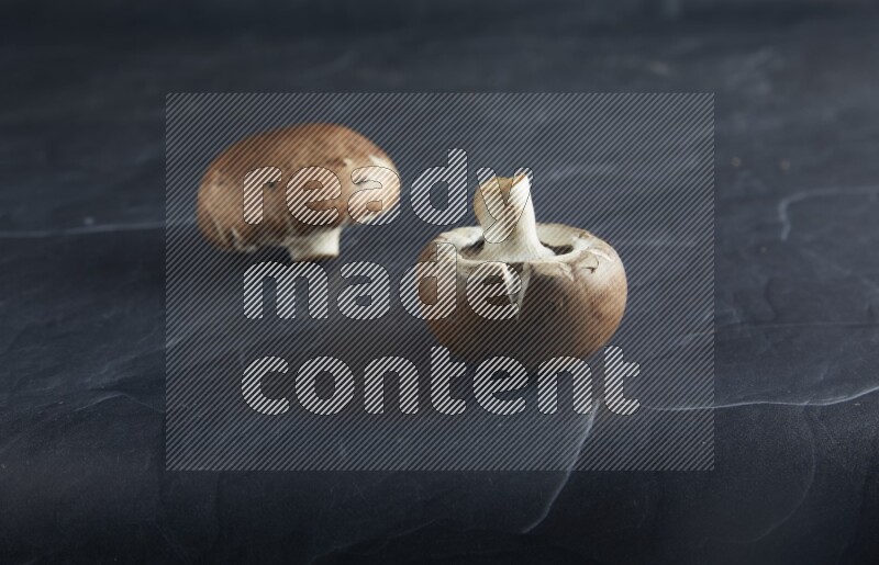 45 degre cremini  mushrooms on a textured black slate background