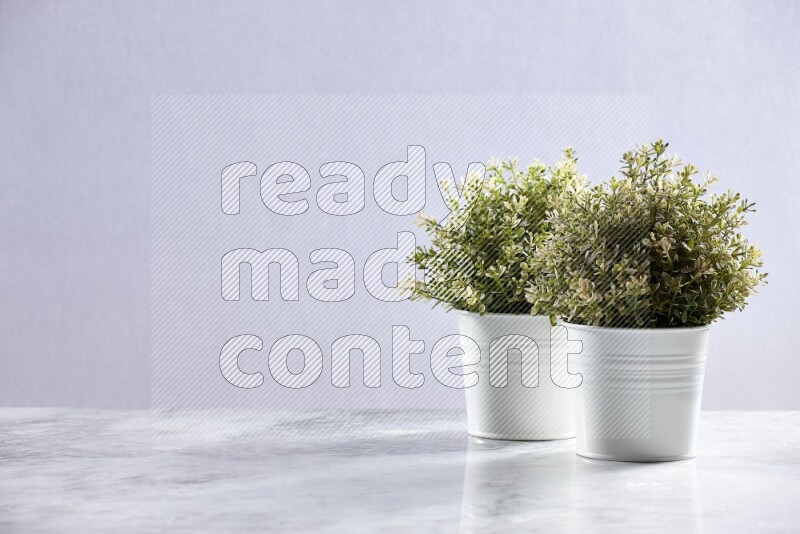 Two artificial plants in white pots on grey marble background