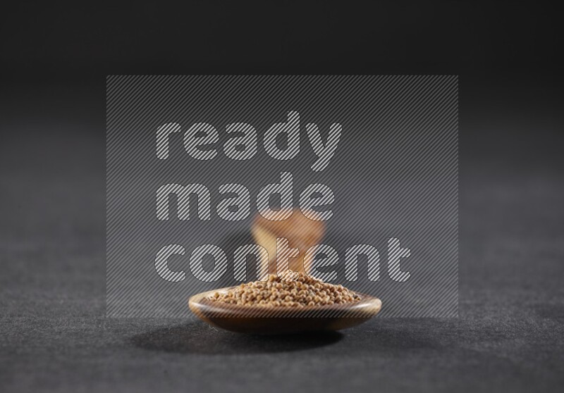 A wooden spoon full of mustard seeds on a black flooring
