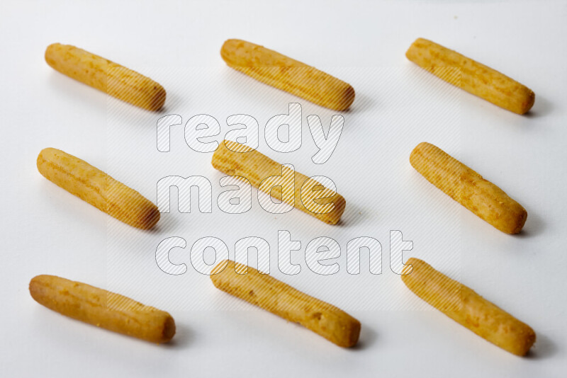 Assorted snacks on white background