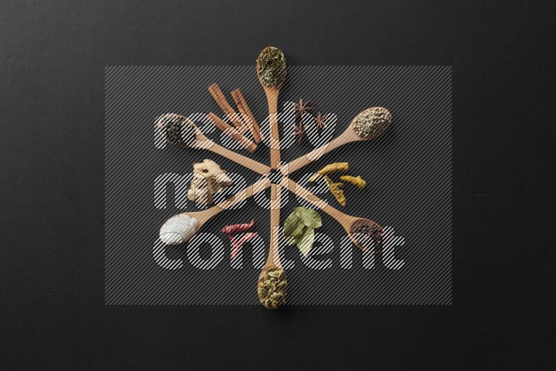 wooden spoons filled with white peppers, cloves, cardamom, salt, black peppers and basil on black flooring