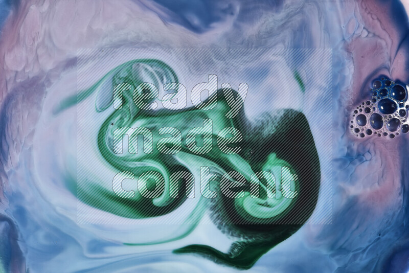 A close-up of abstract swirling patterns in blue, pink and green