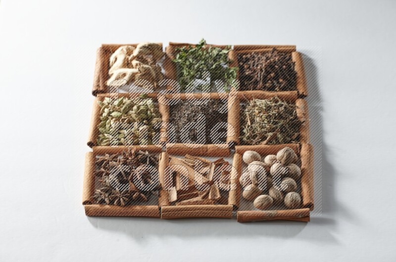 9 squares of cinnamon sticks full of tea in the middle surrounded by nutmeg, dried mint, cloves, dried basil, dried ginger, cinnamon, star anise and cardamom on white flooring