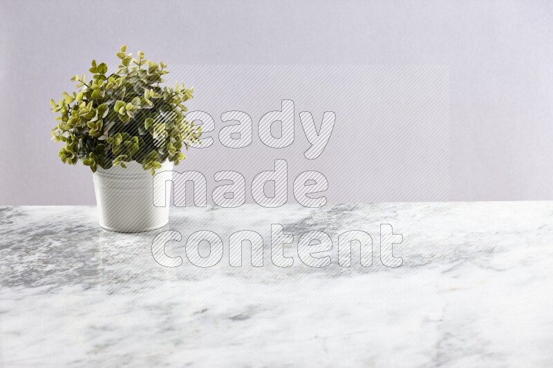 Green artificial plant in white pot on light grey marble background