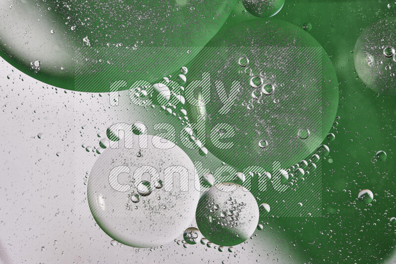 Close-ups of abstract oil bubbles on water surface in shades of white and green